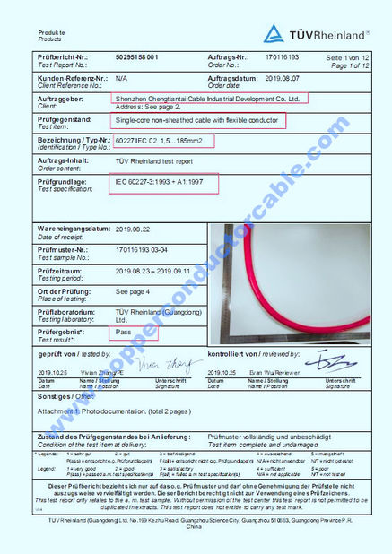 China Shenzhen Chengtiantai Cable Industry Development Co.,Ltd certification